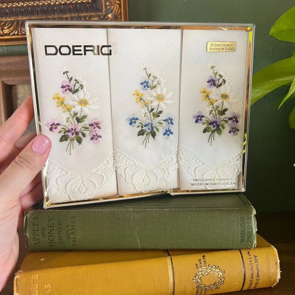 Doerig Swiss Embroidered Handkerchief Set St Gallen Cotton Floral Boxed